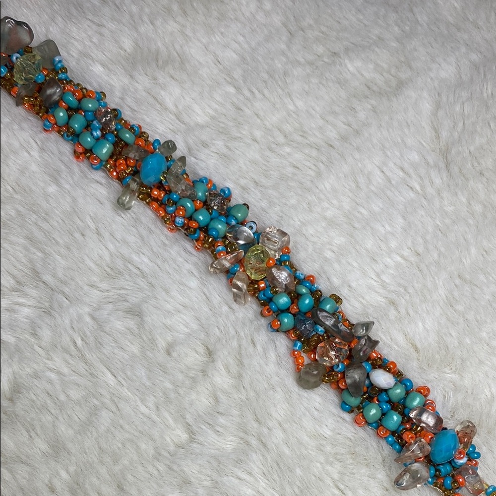Coral & Teal Glass Beaded Bracelet EUC Toggle